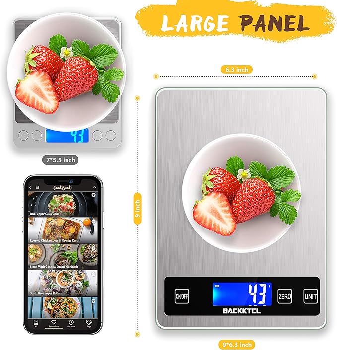 ''Cooking Master' 22lb Digital Kitchen Scale,Food Scale Measures in Grams and Ounces for Weight Cooking Baking,1g/0.1oz Precise Graduation,Stainless Steel and Tempered Glass-GravixFit