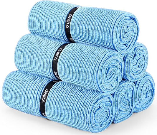 Microfiber Gym Towels with Snap Strap Closure, Ribbed Pattern Sports Towels for Yoga, Home and Outdoor Activities, 27” x 16”, 6 Pack, Light Blue-GravixFit