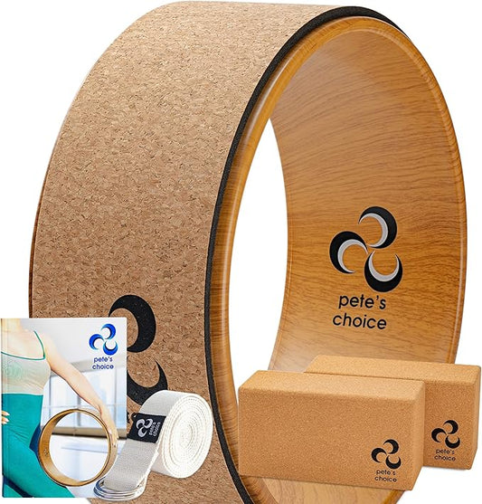 Deluxe Cork Yoga Wheel Set - Cork Wheel + 2 Blocks + Strap + Exercise Guide. Extra Firm Bricks. Better Support, Natural and Eco-Friendly. Home Exercise Kit. Ideal for Women Yogis.-GravixFit