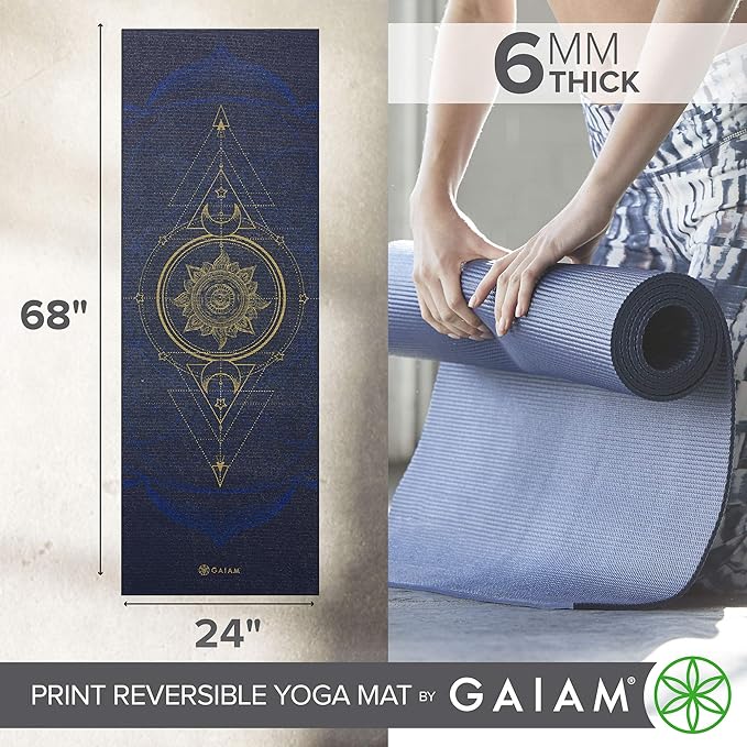 Gaiam Yoga Mat - Premium 6mm Print Reversible Extra Thick Non Slip Exercise & Fitness Mat for All Types of Yoga, Pilates & Floor Workouts (68" x 24" x 6mm Thick)-GravixFit