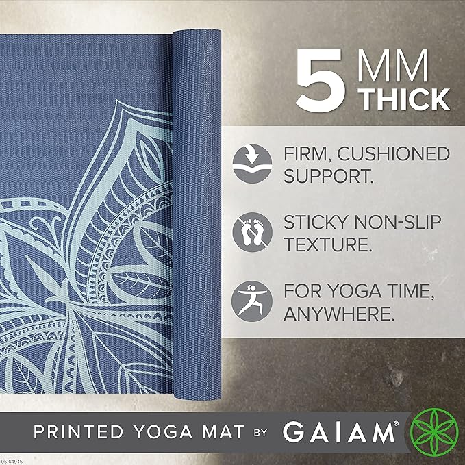Gaiam Yoga Mat - Premium 5mm Print Thick Non Slip Exercise & Fitness Mat for All Types of Yoga, Pilates & Floor Workouts (68" x 24" x 5mm)-GravixFit