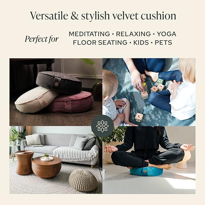 Mindful & Modern Velvet Meditation Cushion | Luxe Zafu Yoga Floor Pillow Seat | Posture Support | Buckwheat Hull Filled | Large Round Cushion with Removable Washable Cover + Carry Handle | Color Teal-GravixFit