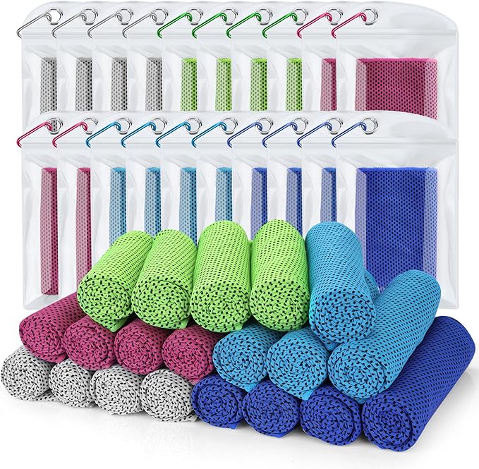 Biange Cooling Towel (Pack of 20, 40"x12") with Pouches for Sports, Workout, Fitness, Gym, Yoga, Golf, Pilates, Travel, Camping & More-GravixFit