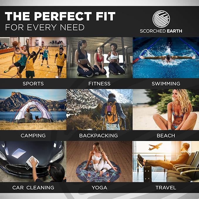 ScorchedEarth Microfiber Travel & Sports Towel Set - Quick Dry, Super Absorbent, Compact, Lightweight - for Camping, Backpacking, Hiking, Beach, Yoga, Swimming - Includes 2 Sizes + Carrying Bag & Clip-GravixFit