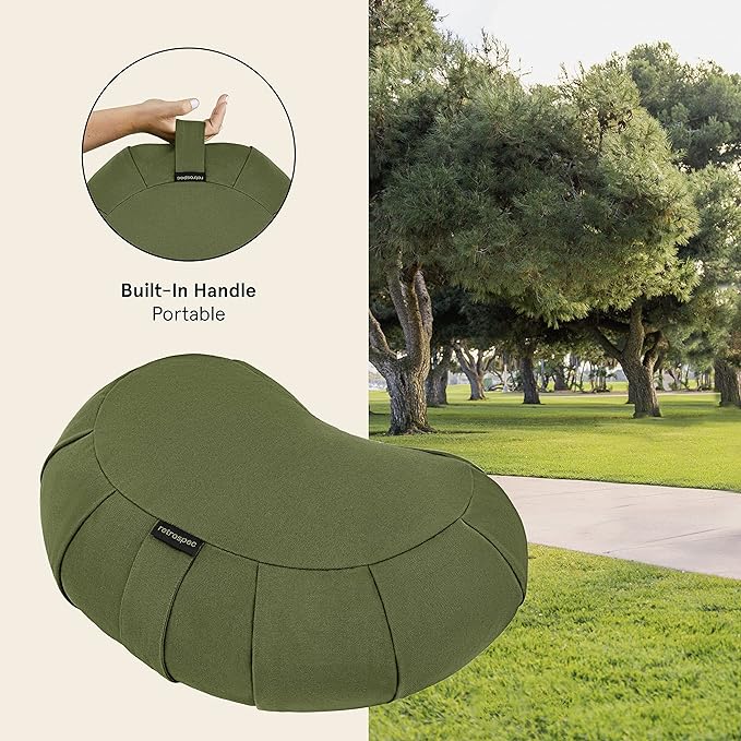 Retrospec Sedona Zafu Meditation Cushion With Buckwheat Hull Fill - Adjustable Yoga & Pilates Support Pillow - 17in Crescent Cotton Cover With Handle-GravixFit