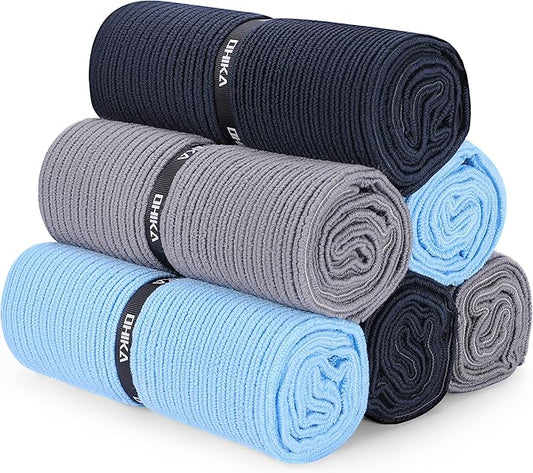 Microfiber Gym Towels with Snap Strap Closure, Ribbed Pattern Sports Towels for Yoga, Home and Outdoor Activities, 27” x 16”, 6 Pack, Black/Grey/Light Blue-GravixFit