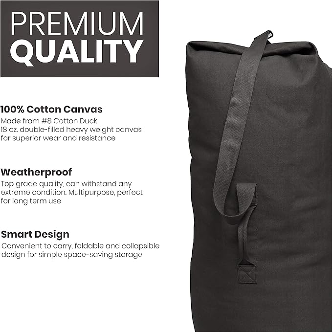 WHITEDUCK Top Load Canvas Folding Duffel Bag, Water Resistant Army Style Shoulder Bag for Men and Women- Gym, Sports, Travel, Hiking, Camping, Backpacking (Large 25" x 42",Black)-GravixFit