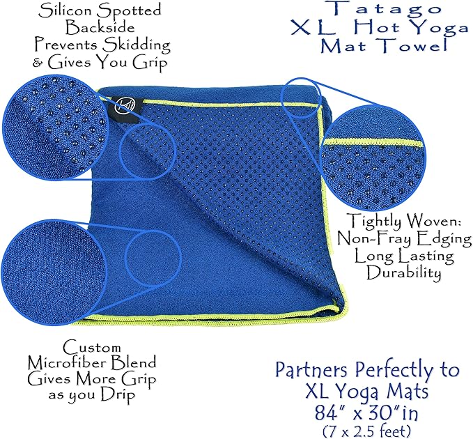Tatago Hot Yoga Mat Towel Non Slip for Hot Yoga (72-84 inch Mats) Our Hot Yoga Towel Non Slip Silicone Dabs & Absorbent Microfiber Blend Gives You More Grip As You Drip! (Azuloro, XL - 84")-GravixFit