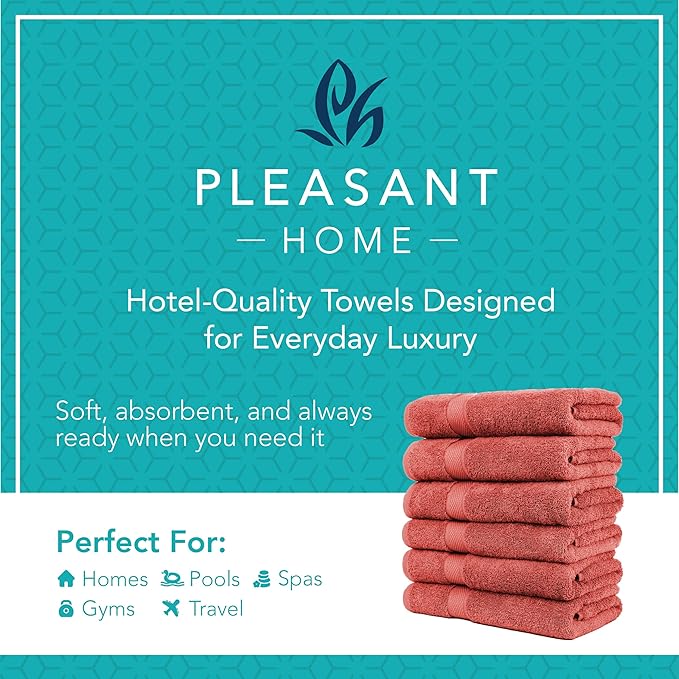 Pleasant Home Bath Towels Set of 6 (24” x 50”) 100% Cotton, 515 GSM | Lightweight, Soft & Absorbent Luxury Towels for Bathroom | for Gym, Pool & Spa | 6 Pack, Red-GravixFit
