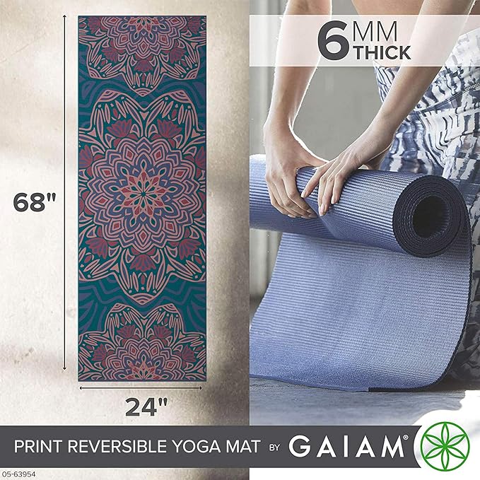 Gaiam Yoga Mat - Premium 6mm Print Reversible Extra Thick Non Slip Exercise & Fitness Mat for All Types of Yoga, Pilates & Floor Workouts (68" x 24" x 6mm Thick)-GravixFit