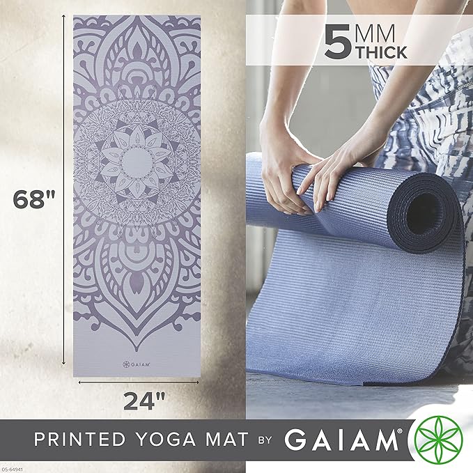 Gaiam Yoga Mat - Premium 5mm Print Thick Non Slip Exercise & Fitness Mat for All Types of Yoga, Pilates & Floor Workouts (68" x 24" x 5mm)-GravixFit