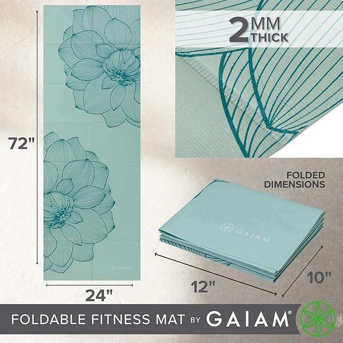 Gaiam Yoga Mat - Folding Travel Fitness & Exercise Mat - Foldable Yoga Mat for All Types of Yoga, Pilates & Floor Workouts (68"L x 24"W x 2mm Thick)-GravixFit