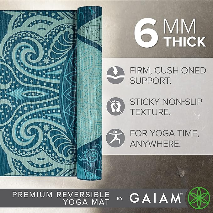 Gaiam Yoga Mat - Premium 6mm Print Reversible Extra Thick Non Slip Exercise & Fitness Mat for All Types of Yoga, Pilates & Floor Workouts (68" x 24" x 6mm Thick)-GravixFit