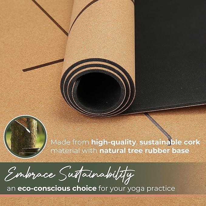 Premium Yoga Cork Mat | 5mm Thick Natural Tree Rubber Base and Bigger Mat for Extra Support, Alignment lines for Guidance | Non-Slip, Natural & Eco-friendly, Your Ultimate Eco-Friendly Yoga Companion-GravixFit