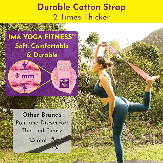 Adaptive Yoga Strap, Stretching Strap, 2 Inches Wide, 100% Naturally Soft Cotton, Steel D-Rings, Includes Natural Cotton Drawstring Storage Pouch and Instructional E-Book-GravixFit