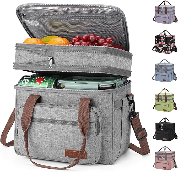 Maelstrom 23L Insulated Lunch Box For Men Women,Expandable Double Deck Lunch Cooler Bag,Lightweight Leakproof Tote Bag With Side Tissue Pocket,Gray-GravixFit