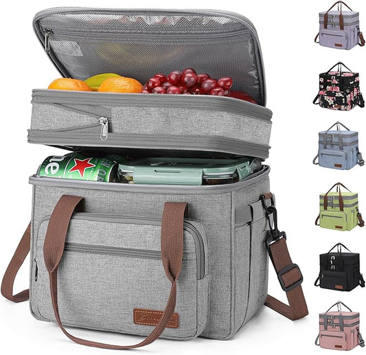 Maelstrom 23L Insulated Lunch Box For Men Women,Expandable Double Deck Lunch Cooler Bag,Lightweight Leakproof Tote Bag With Side Tissue Pocket,Gray-GravixFit