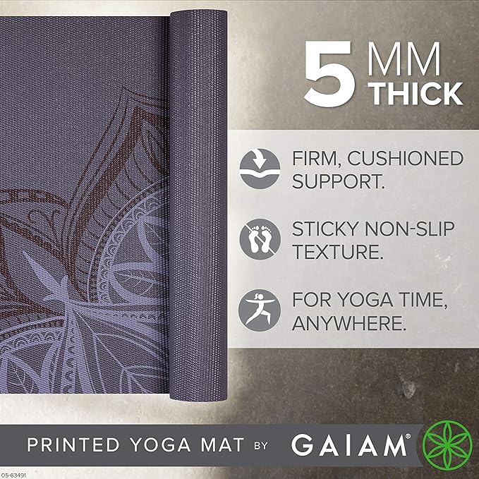 Gaiam Yoga Mat - Premium 5mm Print Thick Non Slip Exercise & Fitness Mat for All Types of Yoga, Pilates & Floor Workouts (68" x 24" x 5mm)-GravixFit
