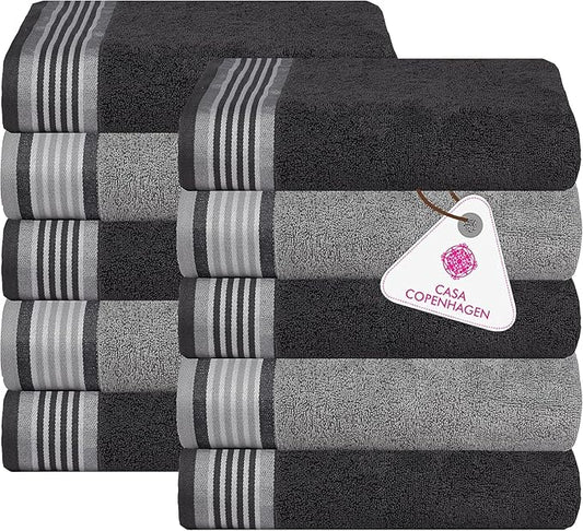 CASA COPENHAGEN® He & She 10 Pieces Hand Towel Set, Granite Grey + Mirage Grey, 550 GSM, 16x28 Inches, Designed in Denmark Super Soft and Absorbent, Egyptian Cotton Towels for Bathroom & Kitchen-GravixFit