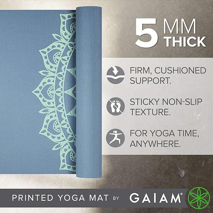 Gaiam Yoga Mat - Premium 5mm Print Thick Non Slip Exercise & Fitness Mat for All Types of Yoga, Pilates & Floor Workouts (68" x 24" x 5mm)-GravixFit