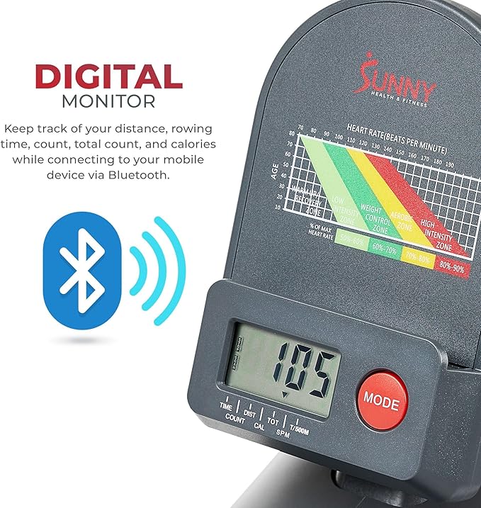 Sunny Health & Fitness Flip & Foldable Rowing Machine for Home w/Extended Slide Rail, Full-Body Workout, Low-Impact, Optional Extra Long Rail, Quiet Rail Cover, Water Motion and Free SunnyFit App-GravixFit