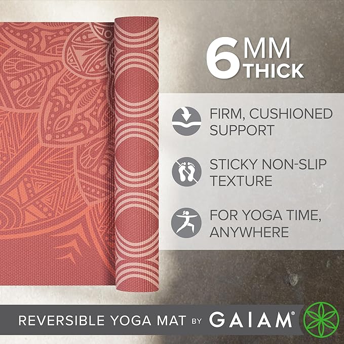 Gaiam Yoga Mat - Premium 6mm Print Reversible Extra Thick Non Slip Exercise & Fitness Mat for All Types of Yoga, Pilates & Floor Workouts (68" x 24" x 6mm Thick)-GravixFit