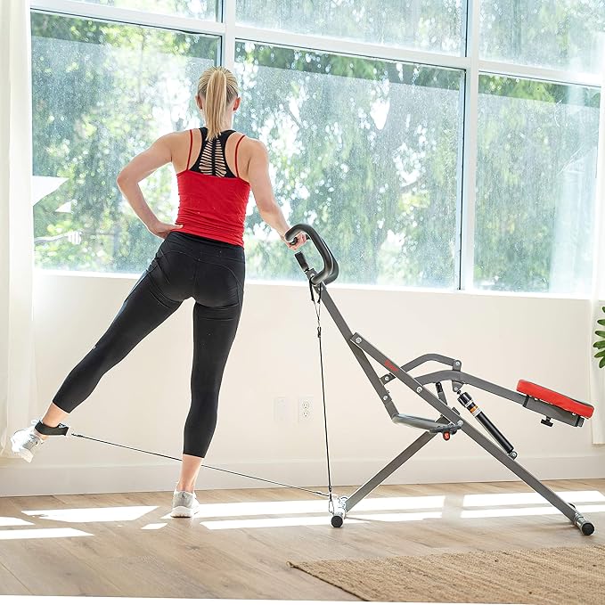 Sunny Health & Fitness Row-N-Ride PRO, Full Body Combo Squat Machine w/Optional Resistance Band, Easy Setup Ab Workout Exercise Equipment for Home, Whole Body Cardio, Optional SunnyFit App Connection