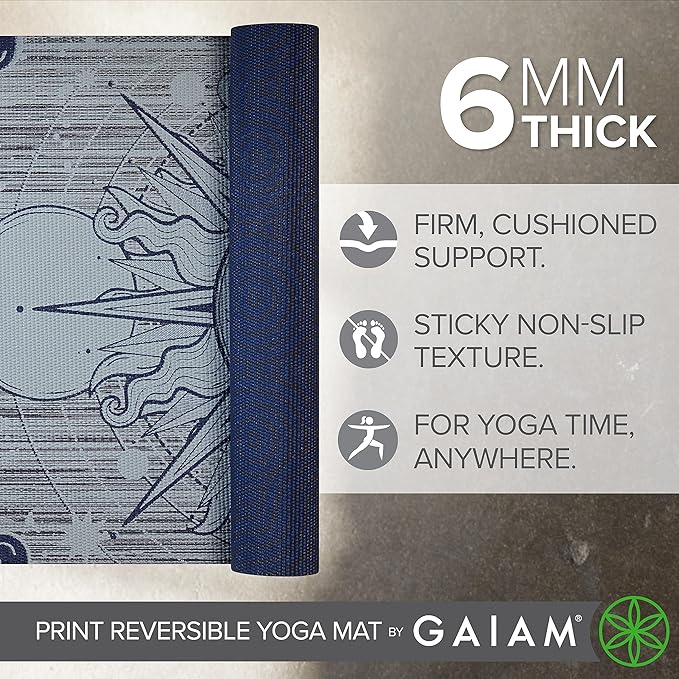 Gaiam Yoga Mat - Premium 6mm Print Reversible Extra Thick Non Slip Exercise & Fitness Mat for All Types of Yoga, Pilates & Floor Workouts (68" x 24" x 6mm Thick)-GravixFit
