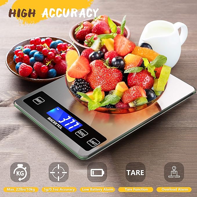 ''Cooking Master' 22lb Digital Kitchen Scale,Food Scale Measures in Grams and Ounces for Weight Cooking Baking,1g/0.1oz Precise Graduation,Stainless Steel and Tempered Glass-GravixFit